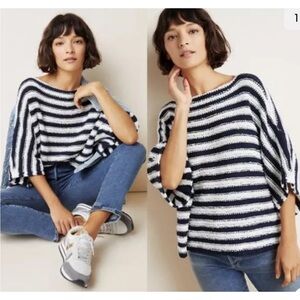 Anthropologie Evie Poncho Sweater Large Striped Relaxed Oversize Short Sleeve